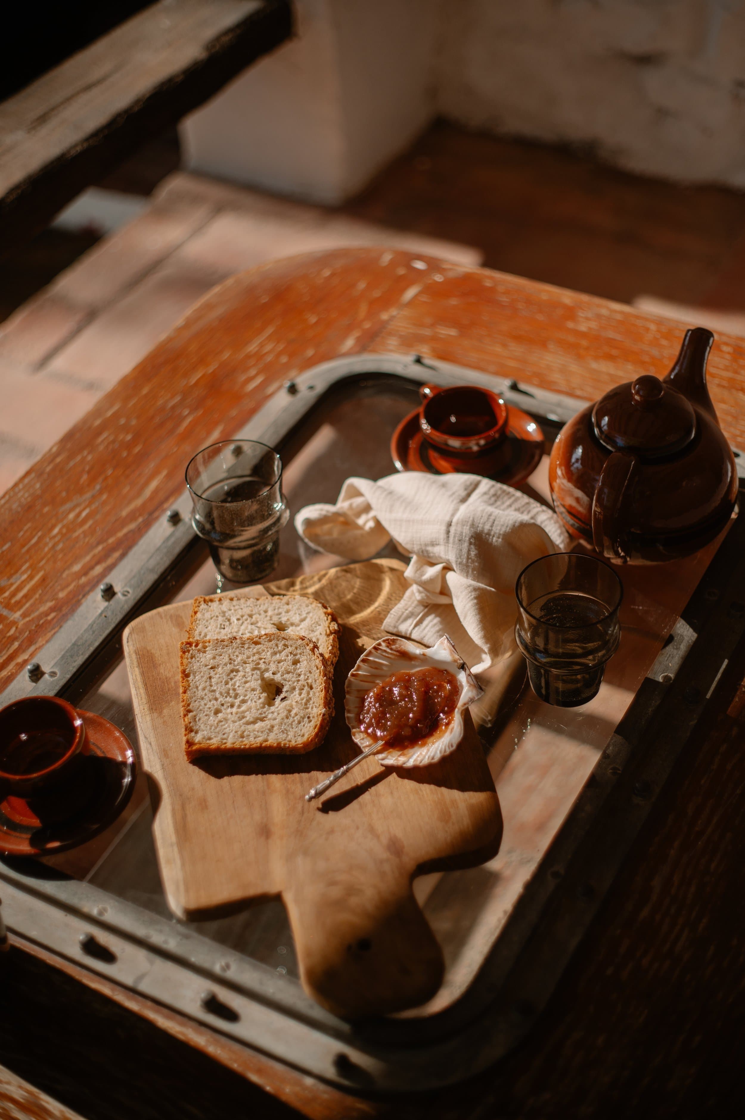 Wooden tray with breakfast bread