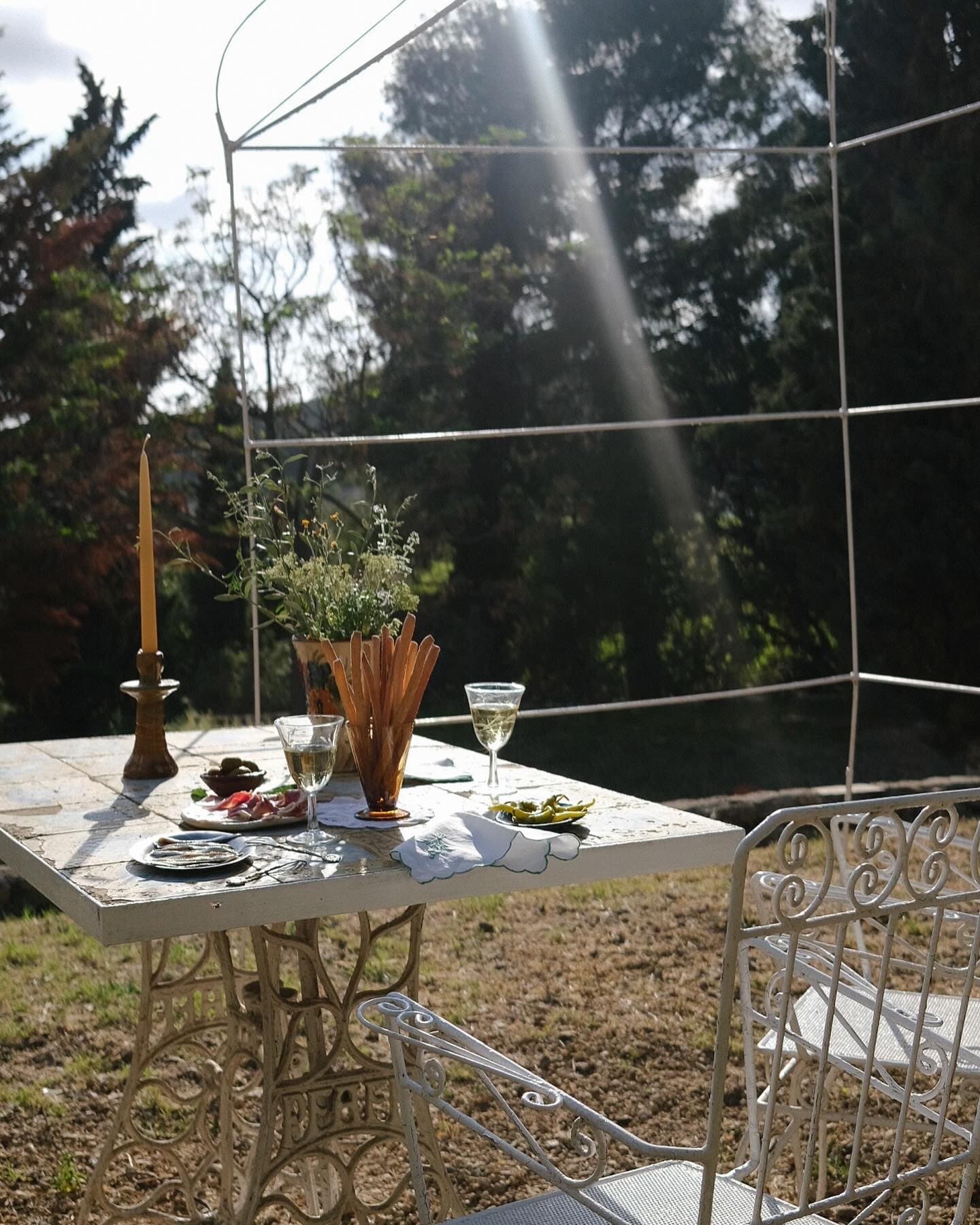 Garden table set with wine glasses